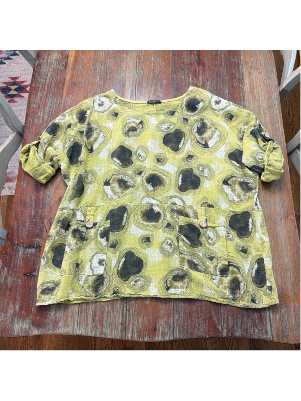 Made in Italy Chartreuse Green Abstract Geode Circle Cotton Tunic Top One Size